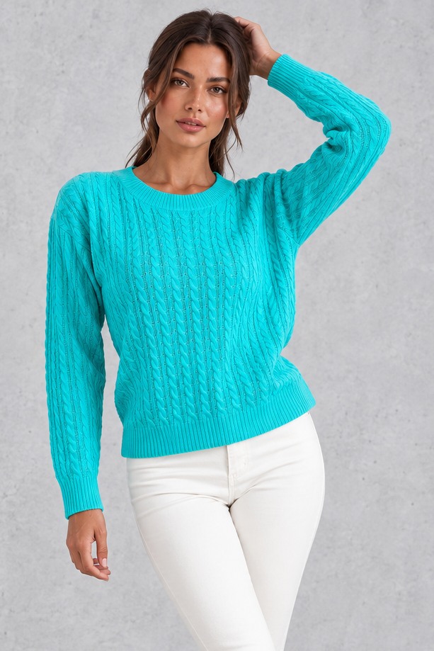Women's Cable Knit Crew Neck Sweater – Turquoise