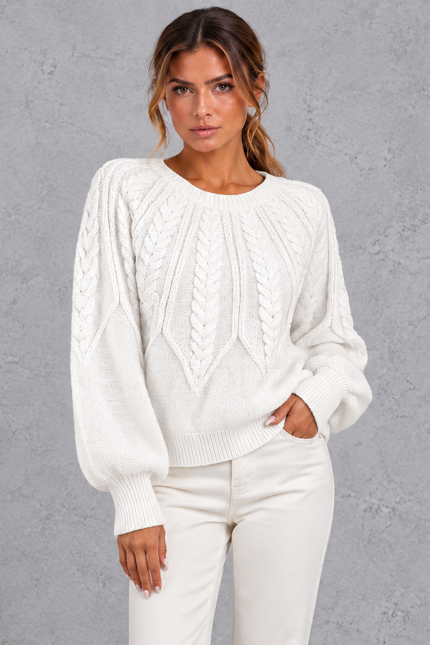 Women's Cable Knit Balloon Sleeve Sweater – White