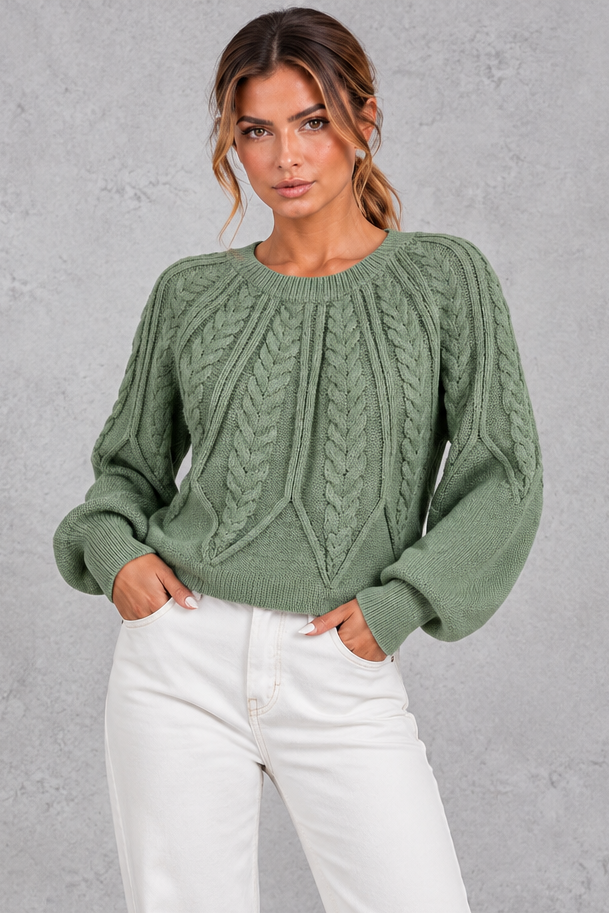 Women's Cable Knit Balloon Sleeve Sweater – Sage Green