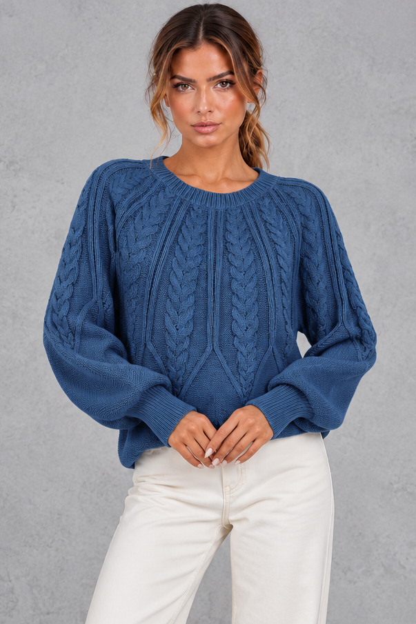 Women's Cable Knit Balloon Sleeve Sweater – Denim Blue
