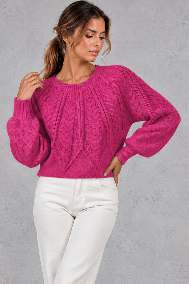 Women's Cable Knit Balloon Sleeve Sweater – Fuchsia