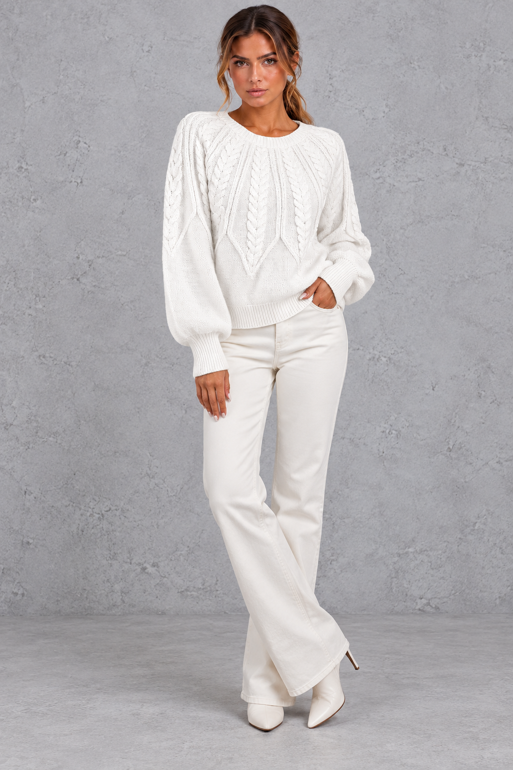 Women's Cable Knit Balloon Sleeve Sweater – White