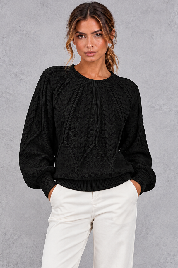 Women's Cable Knit Balloon Sleeve Sweater – Black