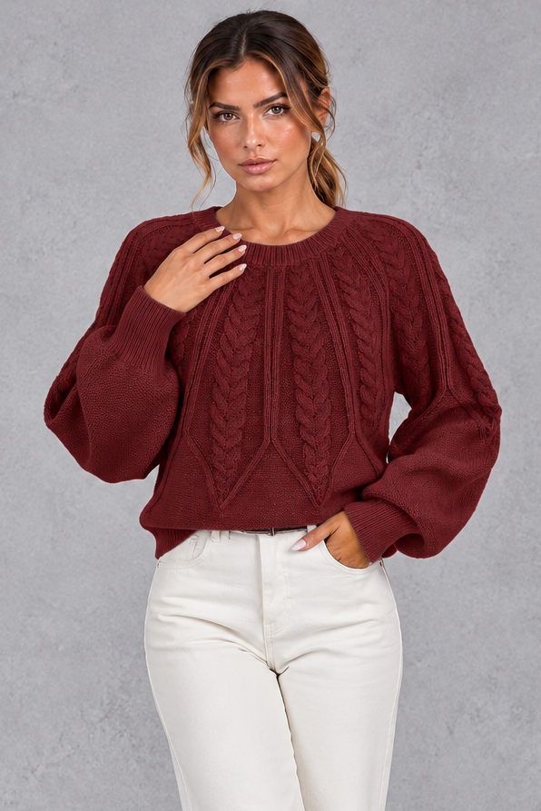 Women's Cable Knit Balloon Sleeve Sweater – Burgundy