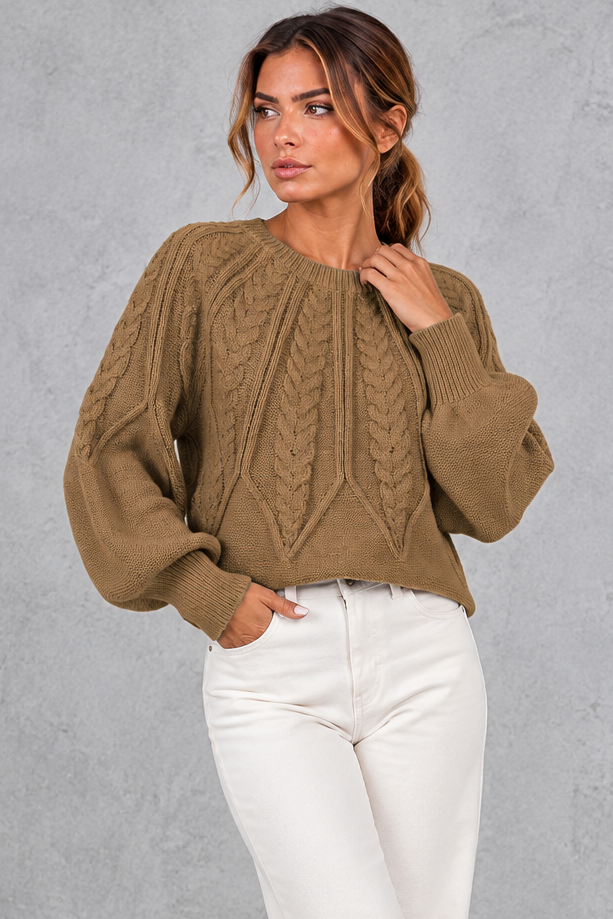 Women's Cable Knit Balloon Sleeve Sweater – Camel