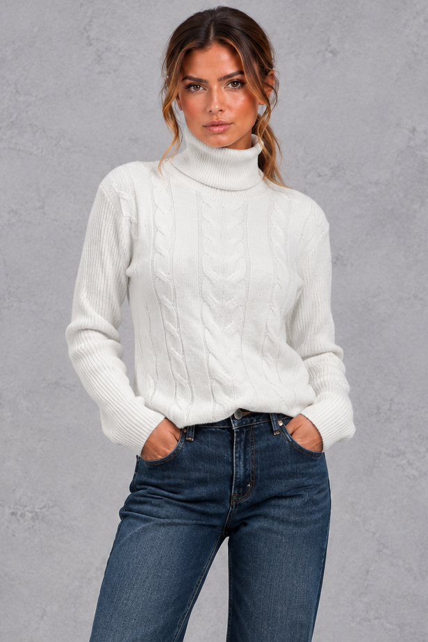 Women's Cable Knit Turtleneck Sweater – White