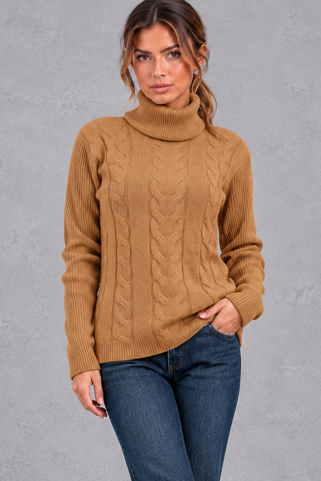 Women's Cable Knit Turtleneck Sweater – Camel