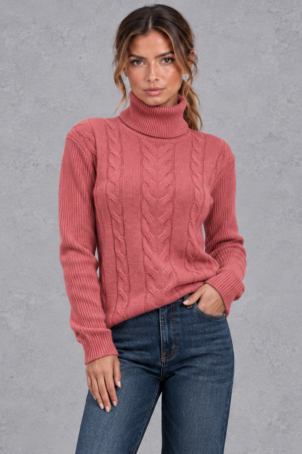 Women's Cable Knit Turtleneck Sweater – Rose