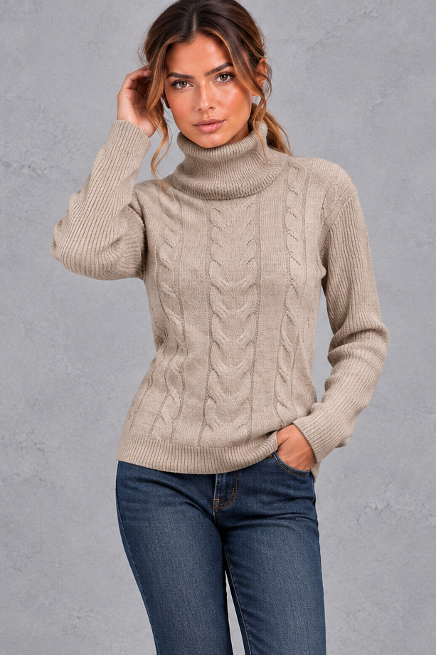 Women's Cable Knit Turtleneck Sweater – Oatmeal