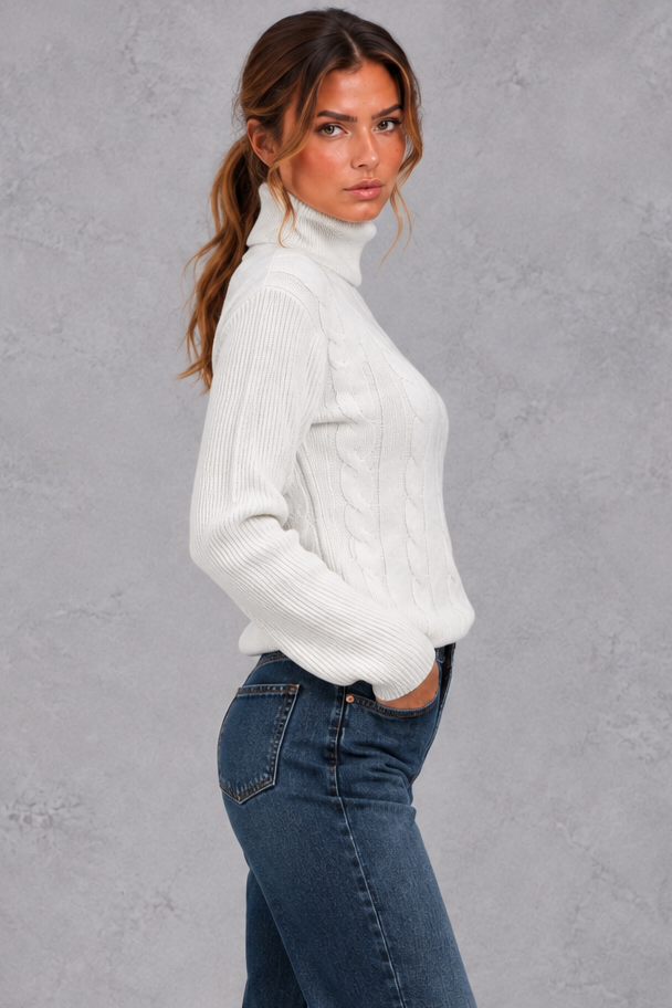 Women's Cable Knit Turtleneck Sweater – White