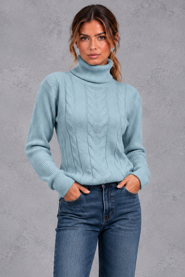 Women's Cable Knit Turtleneck Sweater – Light Blue