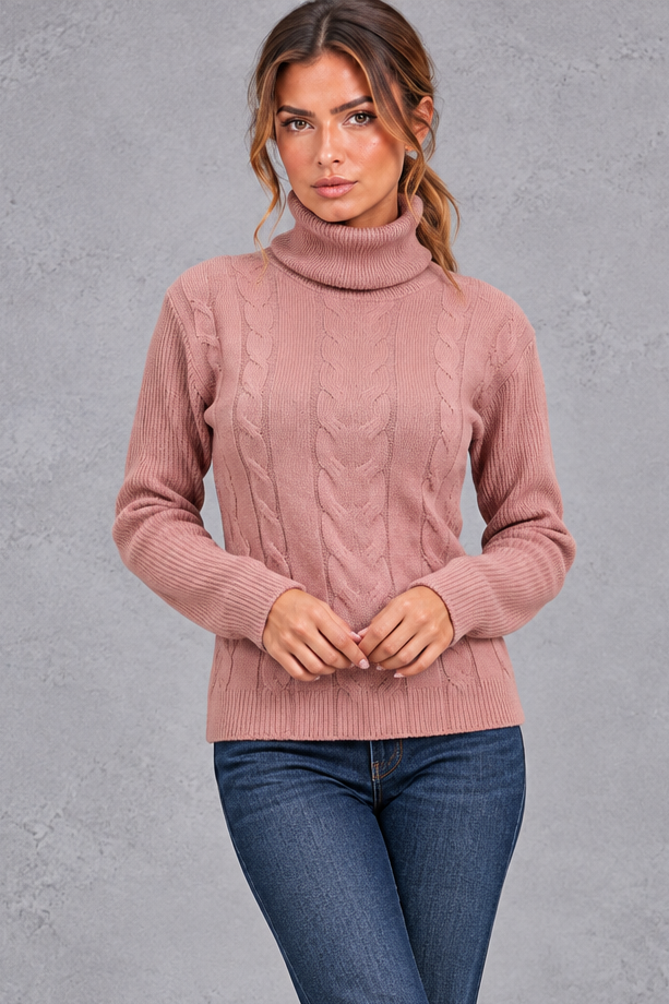 Women's Cable Knit Turtleneck Sweater – Pink