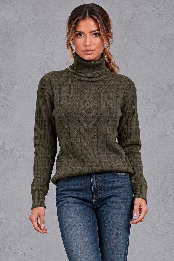 Women's Cable Knit Turtleneck Sweater – Olive