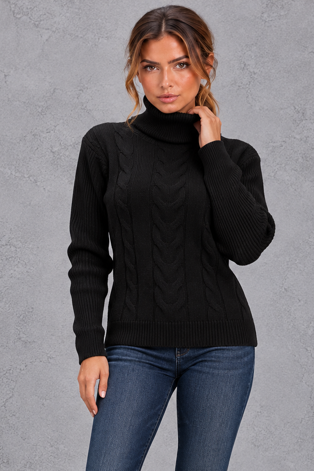 Women's Cable Knit Turtleneck Sweater – Black