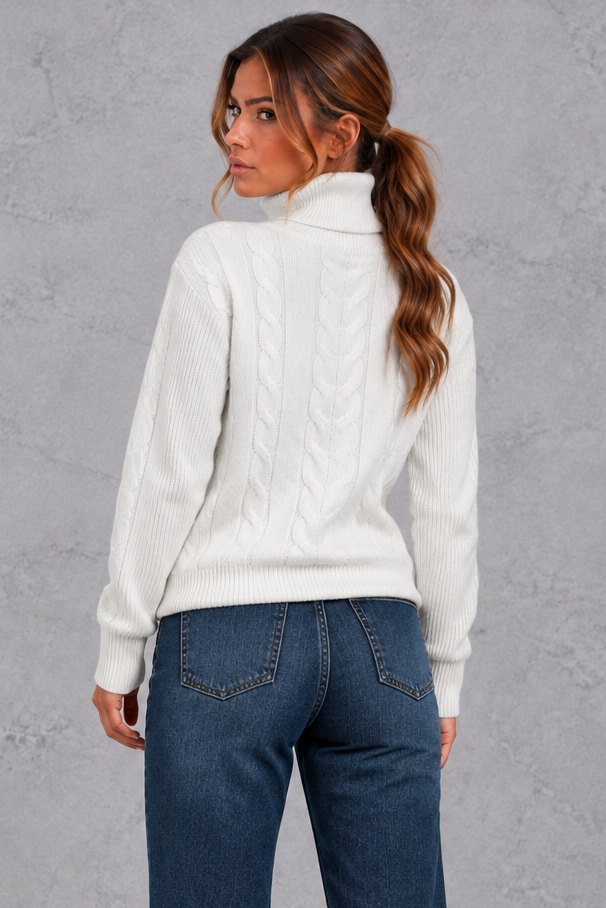Women's Cable Knit Turtleneck Sweater – White