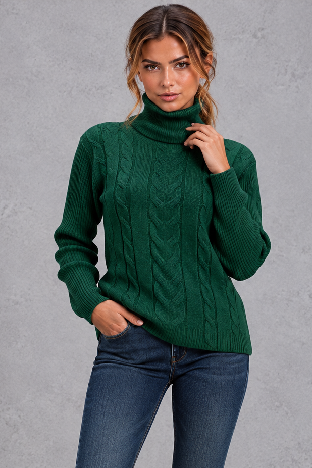Women's Cable Knit Turtleneck Sweater – Forest Green