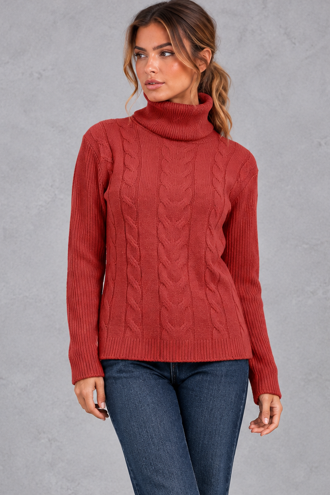 Women's Cable Knit Turtleneck Sweater – Brick Red
