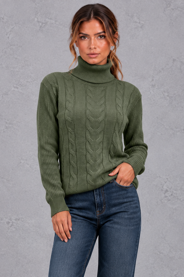 Women's Cable Knit Turtleneck Sweater – Sage Green
