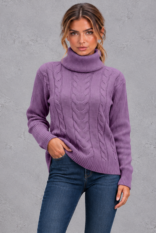 Women's Cable Knit Turtleneck Sweater – Lavender