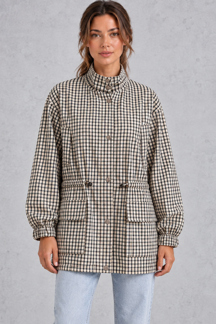 Women's plaid utility field jacket with stand collar, front view