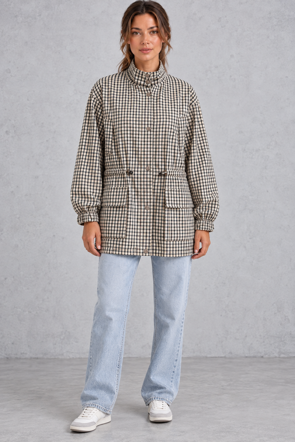 Khaki plaid utility jacket styled with jeans for a casual look