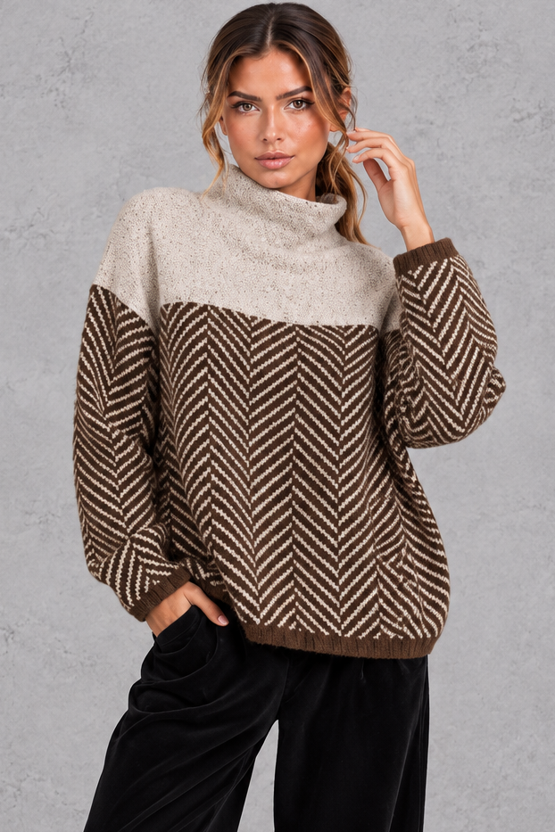 Women's Chevron Knit Mock Neck Sweater – Brown