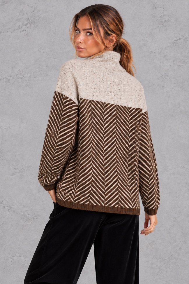 Women's Chevron Knit Mock Neck Sweater – Brown