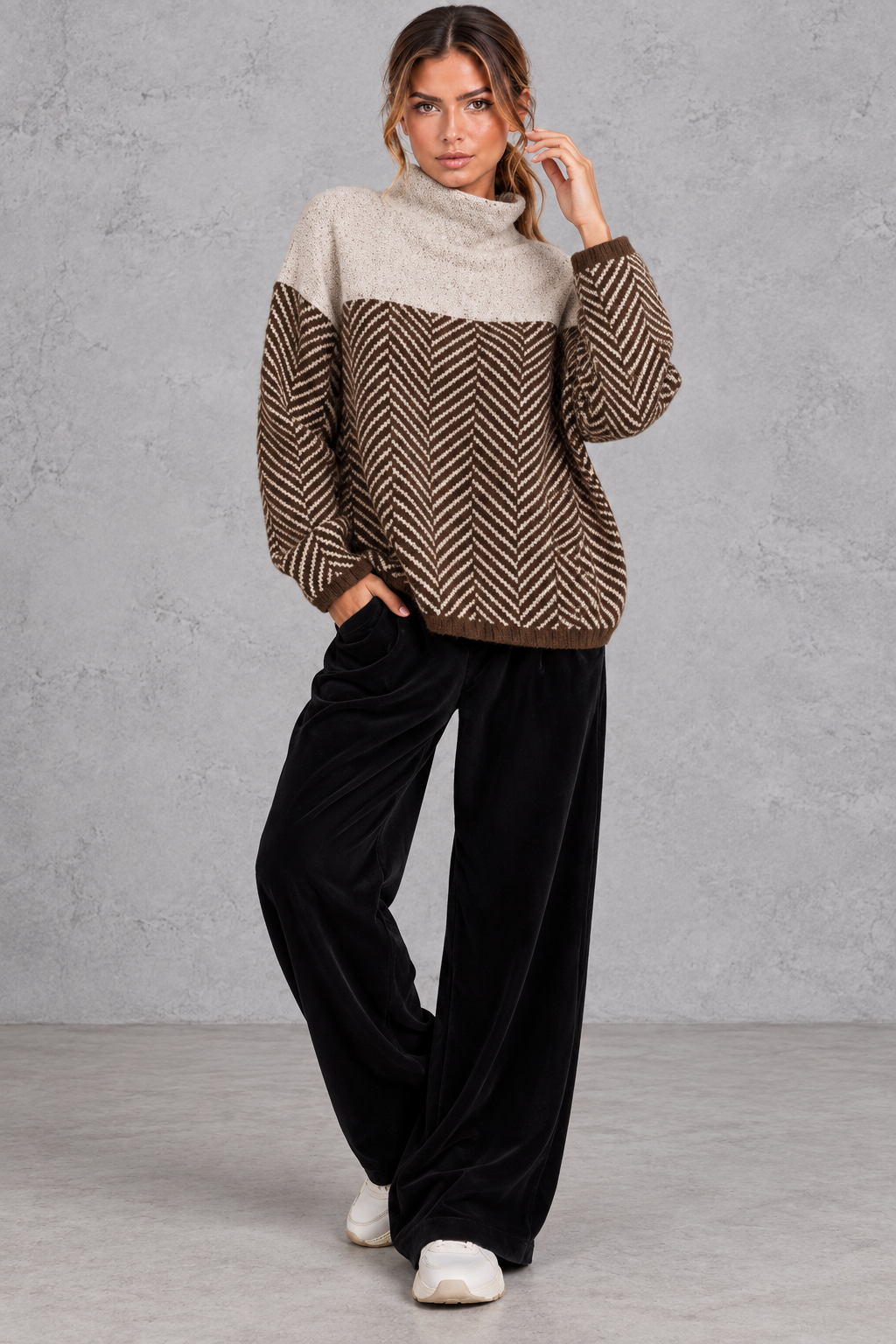 Women's Chevron Knit Mock Neck Sweater – Brown