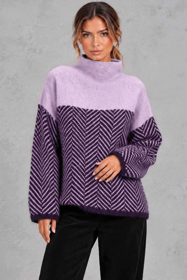 Women's Chevron Knit Mock Neck Sweater – Purple