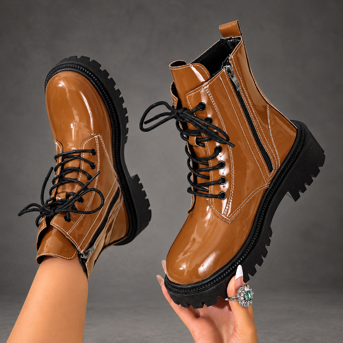 Women's Patent-Look Lace-Up Ankle Boots – Tan