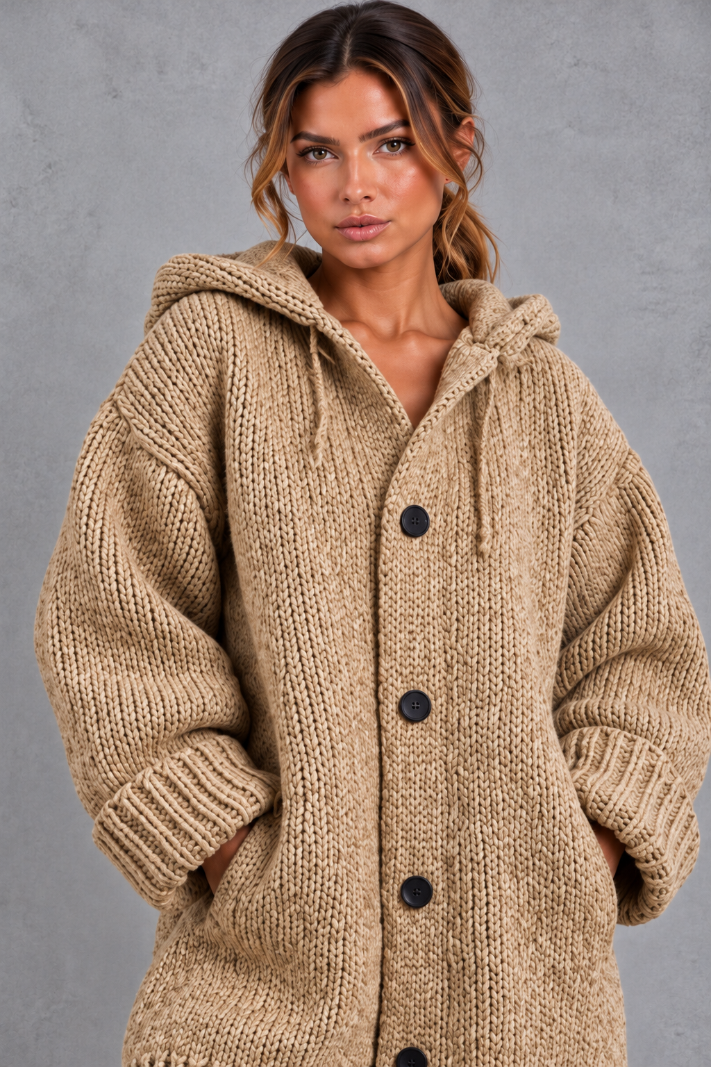 Women's Chunky Knit Hooded Cardigan – Khaki