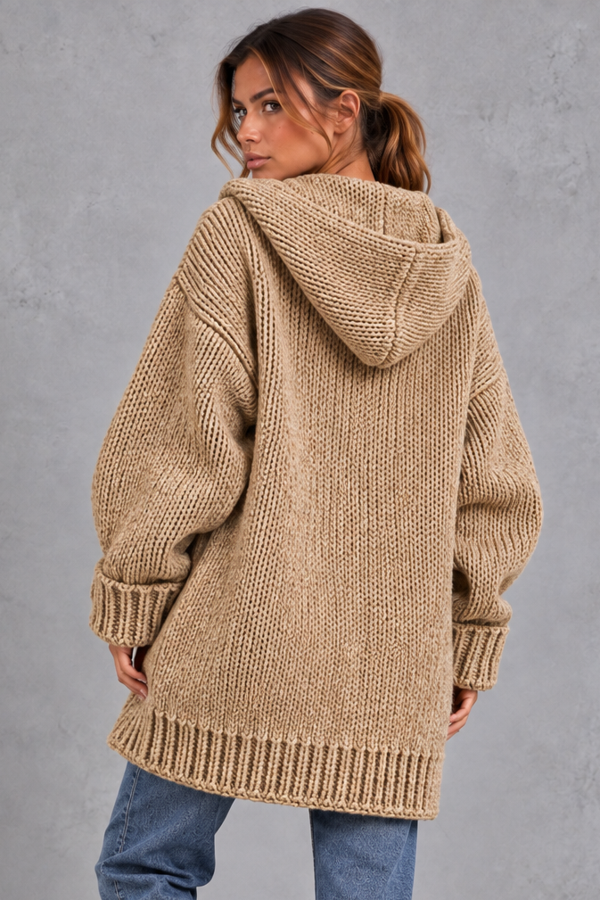 Women's Chunky Knit Hooded Cardigan – Khaki
