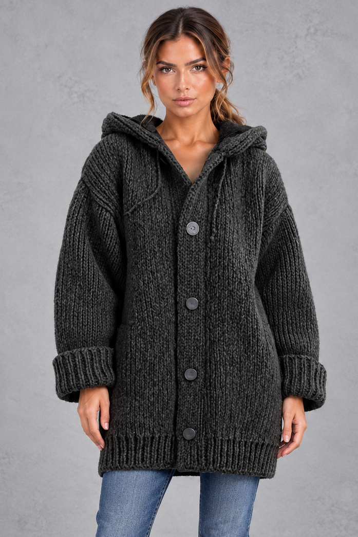 Women's Chunky Knit Hooded Cardigan – Black