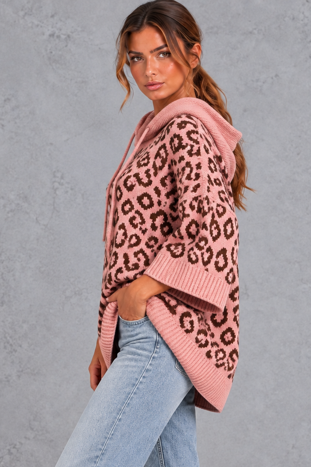 Leopard knit hoodie sweater worn with jeans, styled look