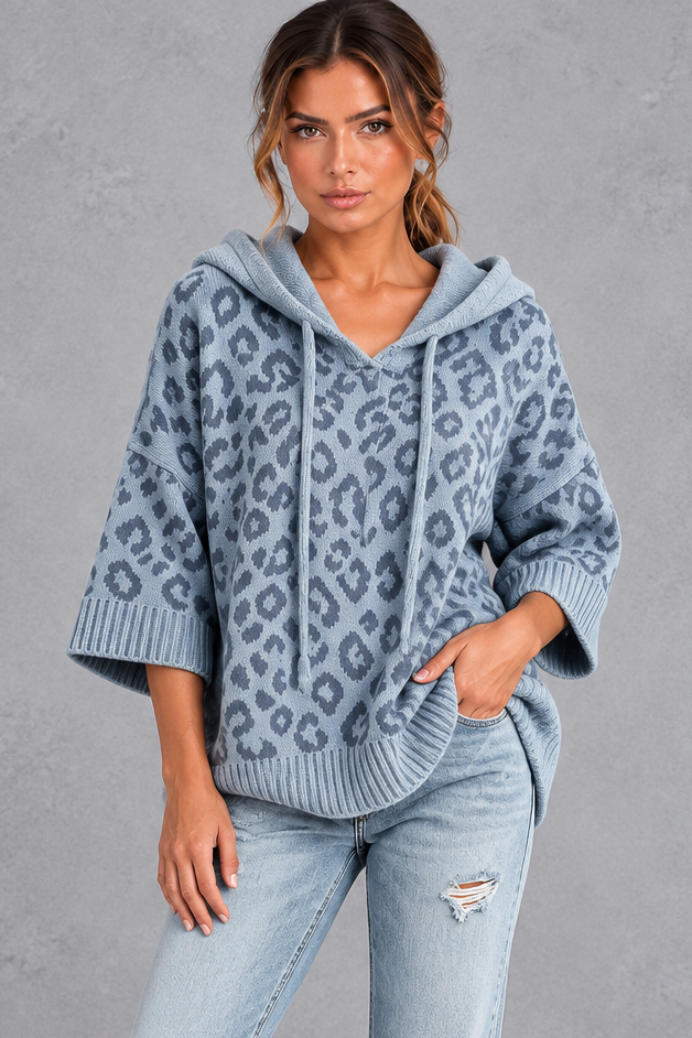 Leopard print knit hoodie in dark gray