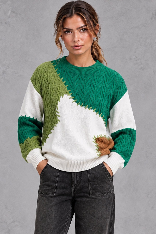 Women's Patchwork Cable Knit Sweater – Green