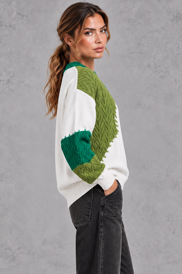 Women's Patchwork Cable Knit Sweater – Green