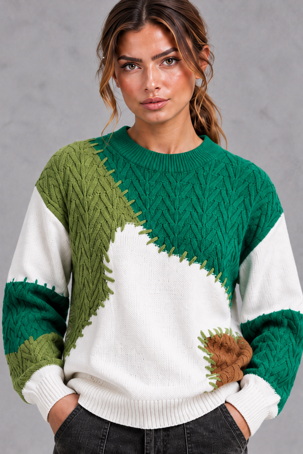 Women's Patchwork Cable Knit Sweater – Green