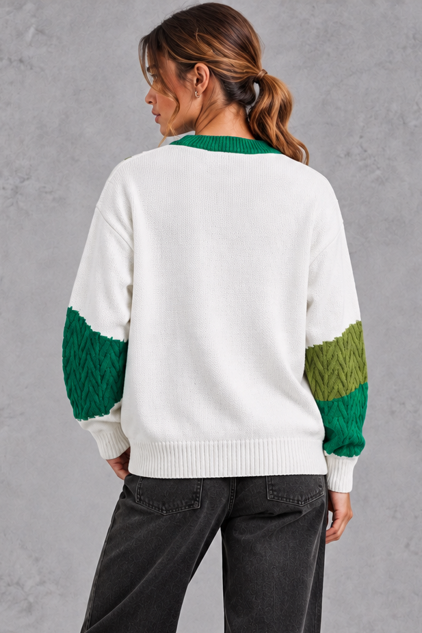 Women's Patchwork Cable Knit Sweater – Green