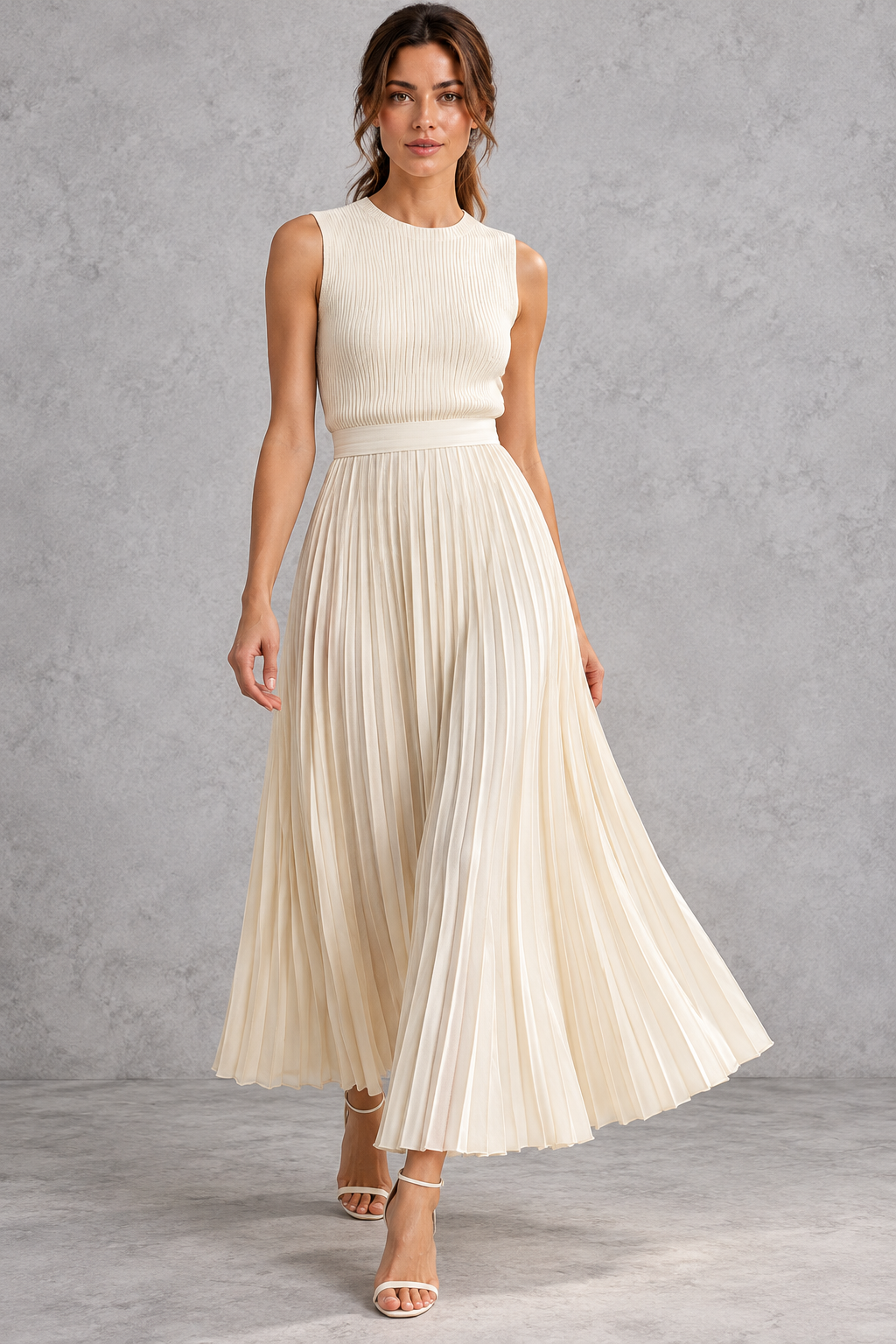 Women's cream sleeveless ribbed knit top and pleated maxi skirt set, front view