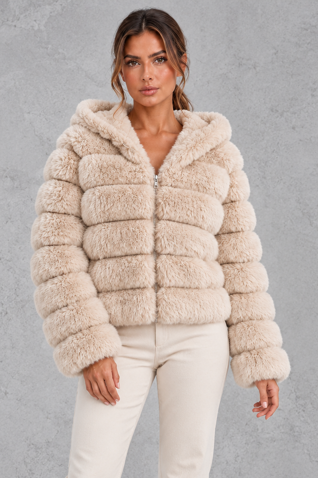 Women's cropped hooded faux fur jacket, front view