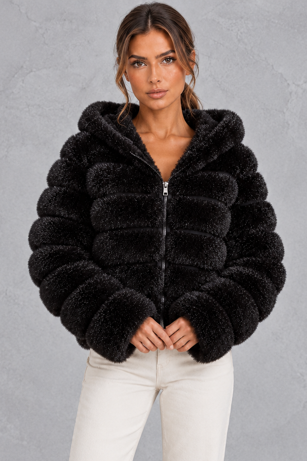 Cropped faux fur jacket shown in khaki, brown, white and black