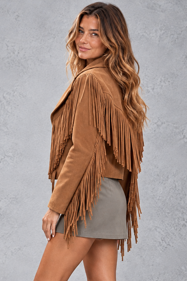 Women's Cropped Faux Suede Fringe Jacket – Brown