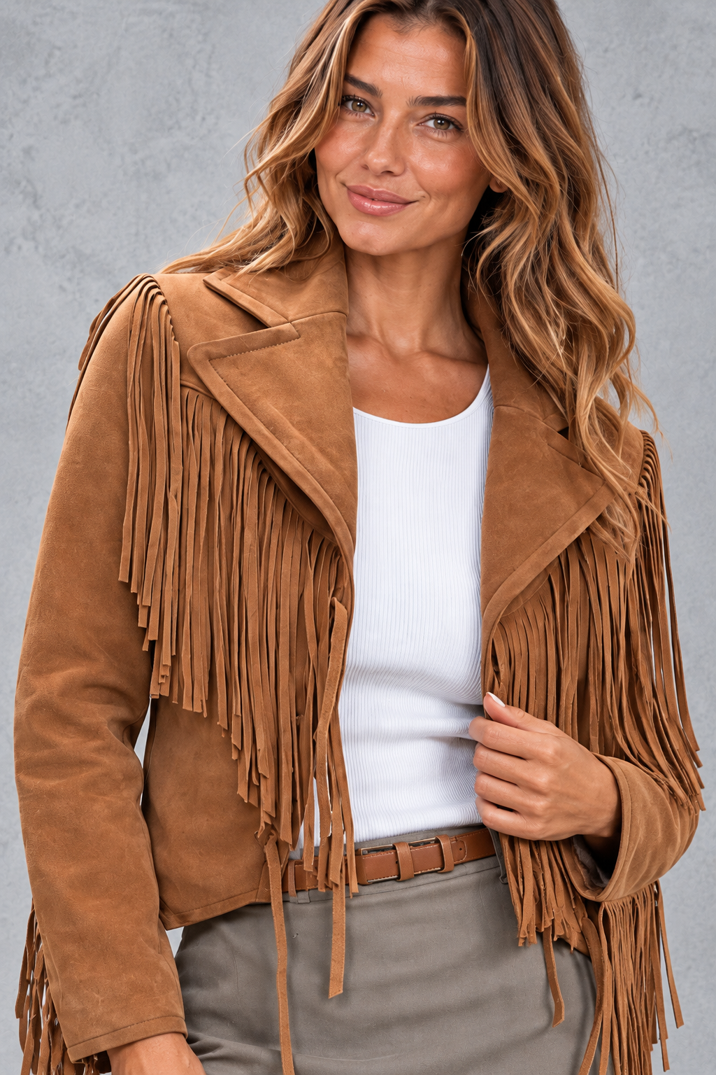 Women's Cropped Faux Suede Fringe Jacket – Brown