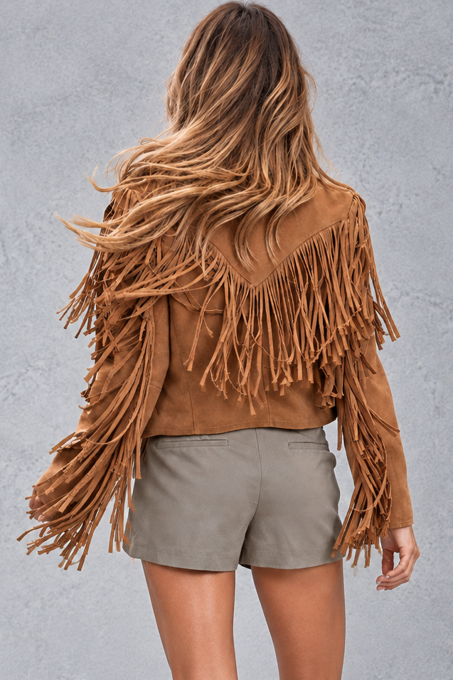 Women's Cropped Faux Suede Fringe Jacket – Brown