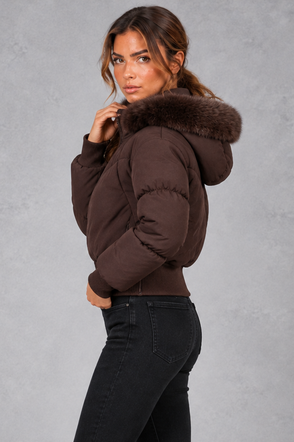 Women's Cropped Puffer Bomber Jacket – Dark Brown