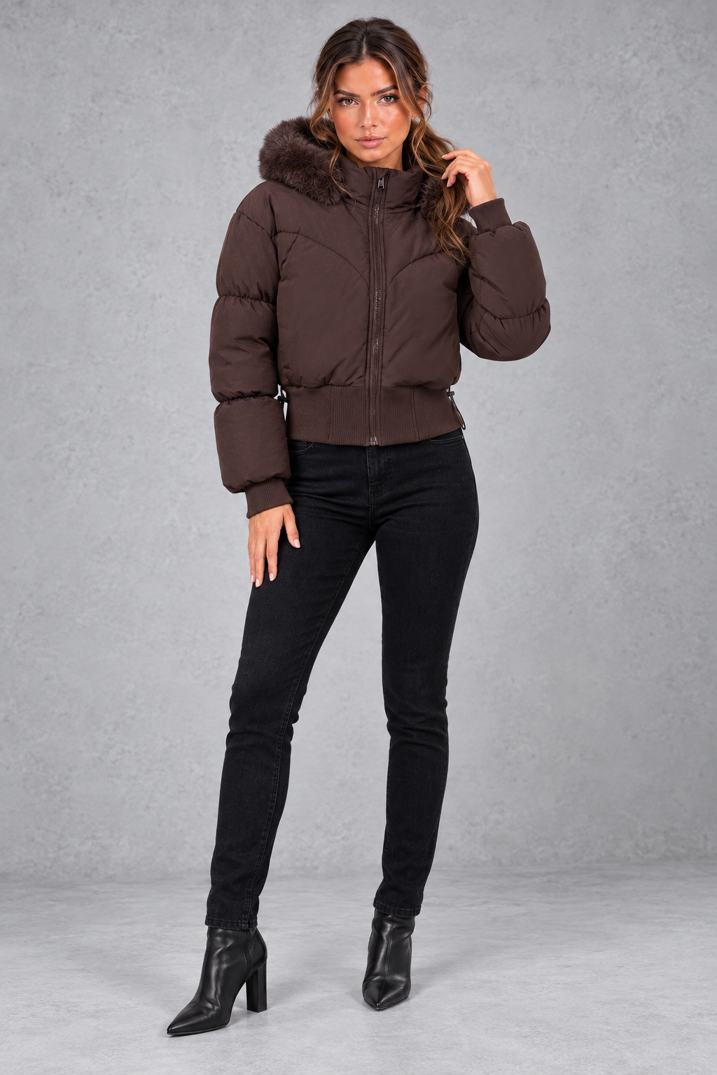 Women's Cropped Puffer Bomber Jacket – Dark Brown