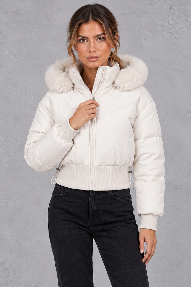 Women's Cropped Puffer Bomber Jacket – Cream