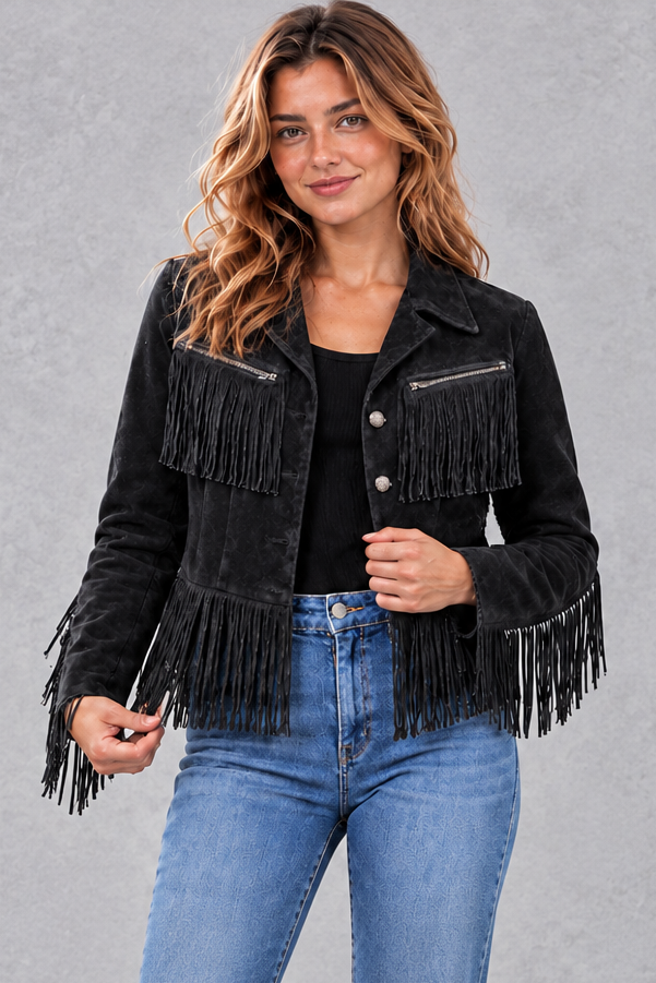 Women's Cropped Suede-Look Fringe Jacket – Black