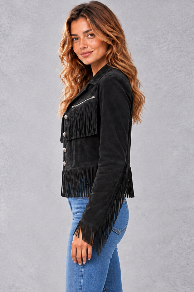 Women's Cropped Suede-Look Fringe Jacket – Black